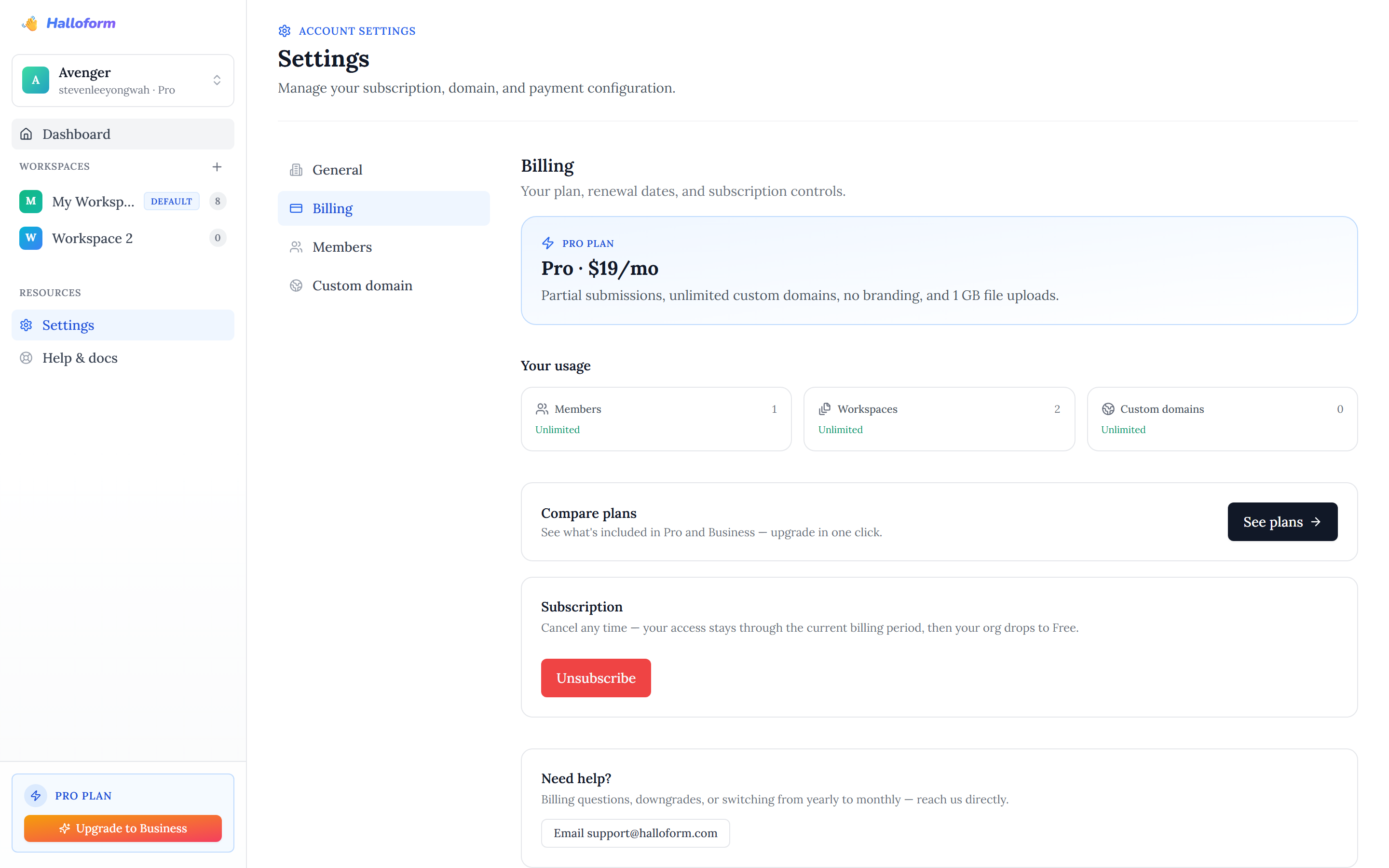 The Billing settings tab — current plan card, usage meters for members/workspaces/custom domains, a Compare plans link, and a Subscription (cancel) control.
