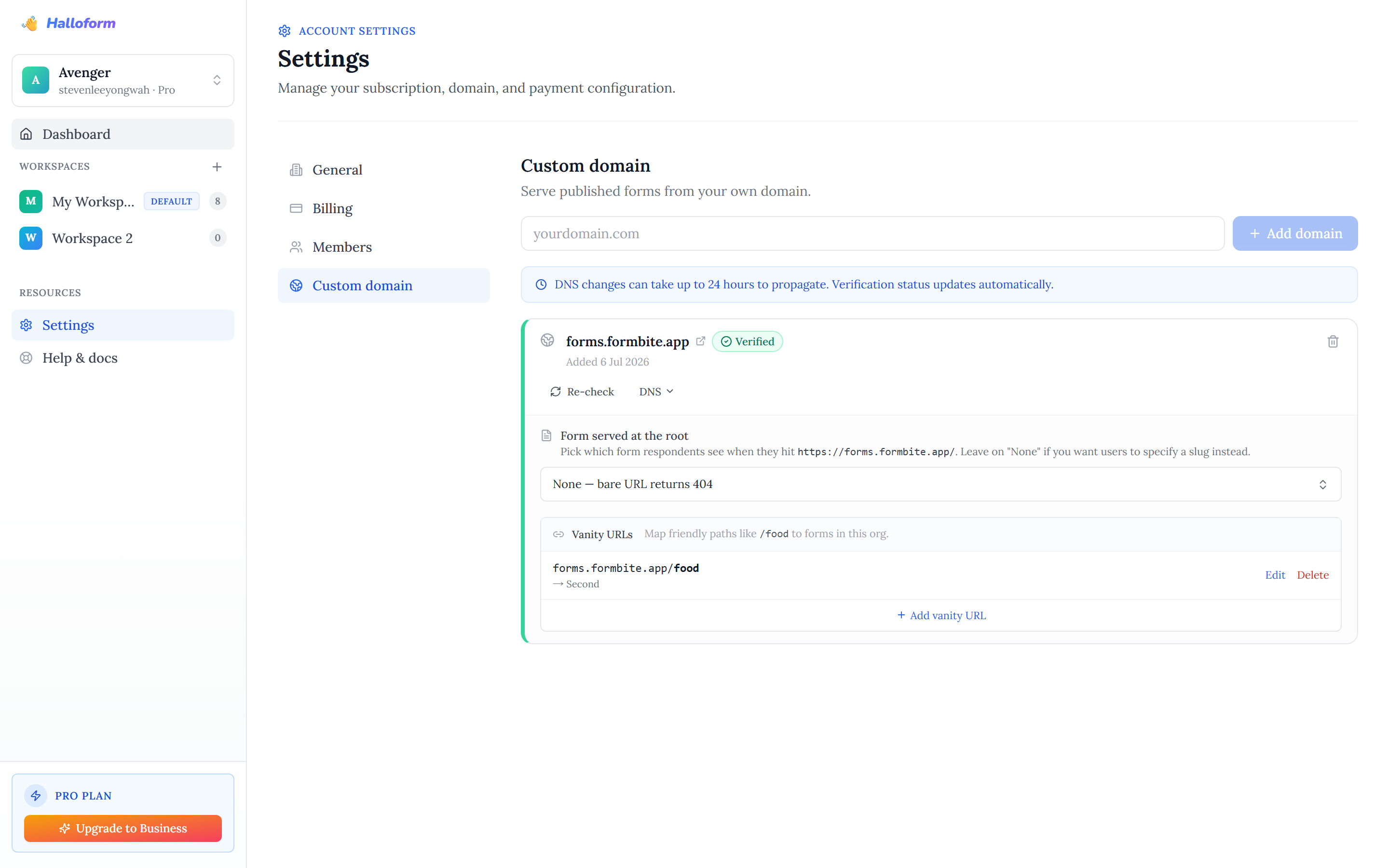 The Custom domain settings — a verified domain card with Re-check and DNS controls, a "Form served at the root" picker, and a Vanity URLs list mapping /food to a form.