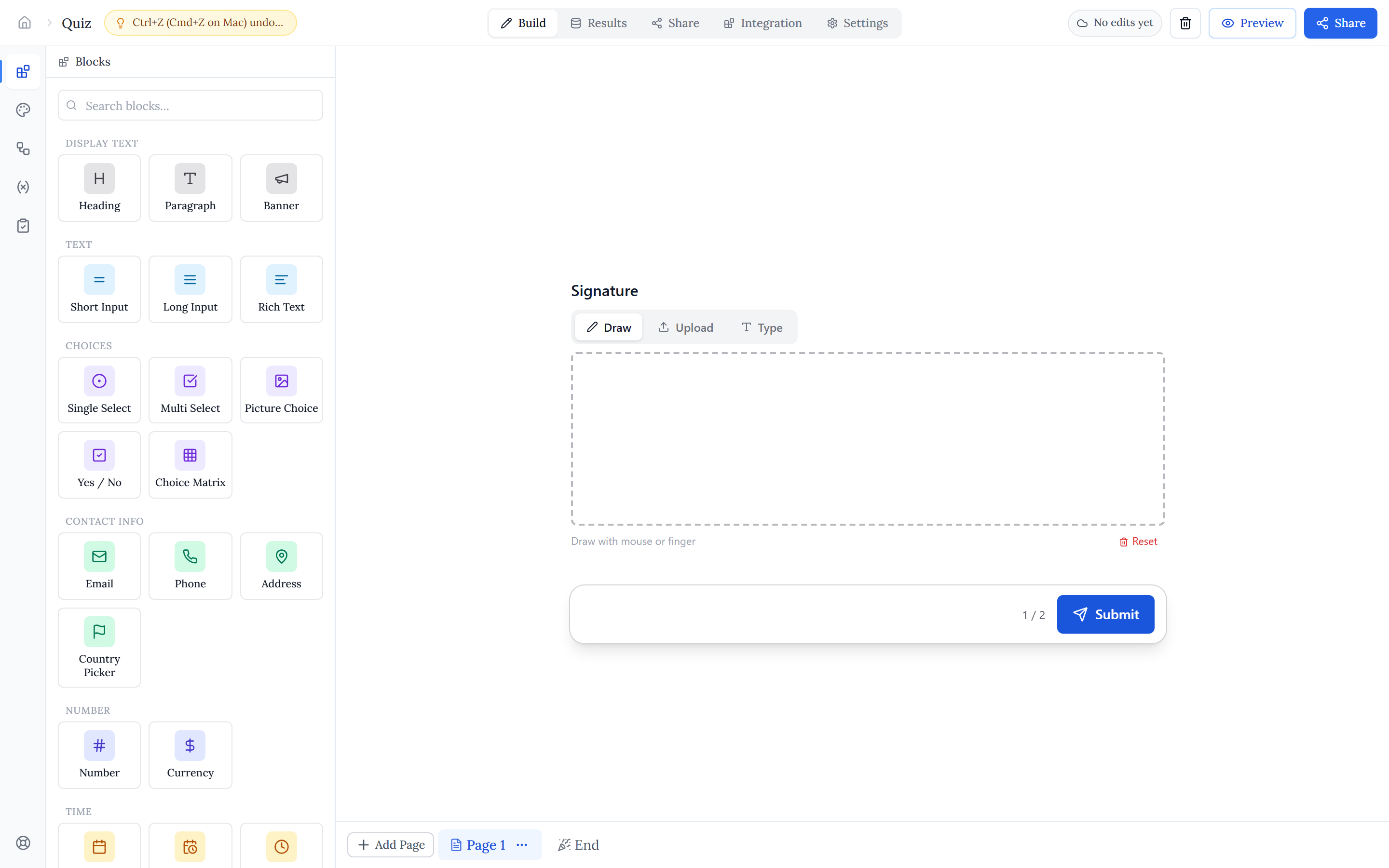 The Halloform form editor — the block palette on the left and the form canvas in the middle