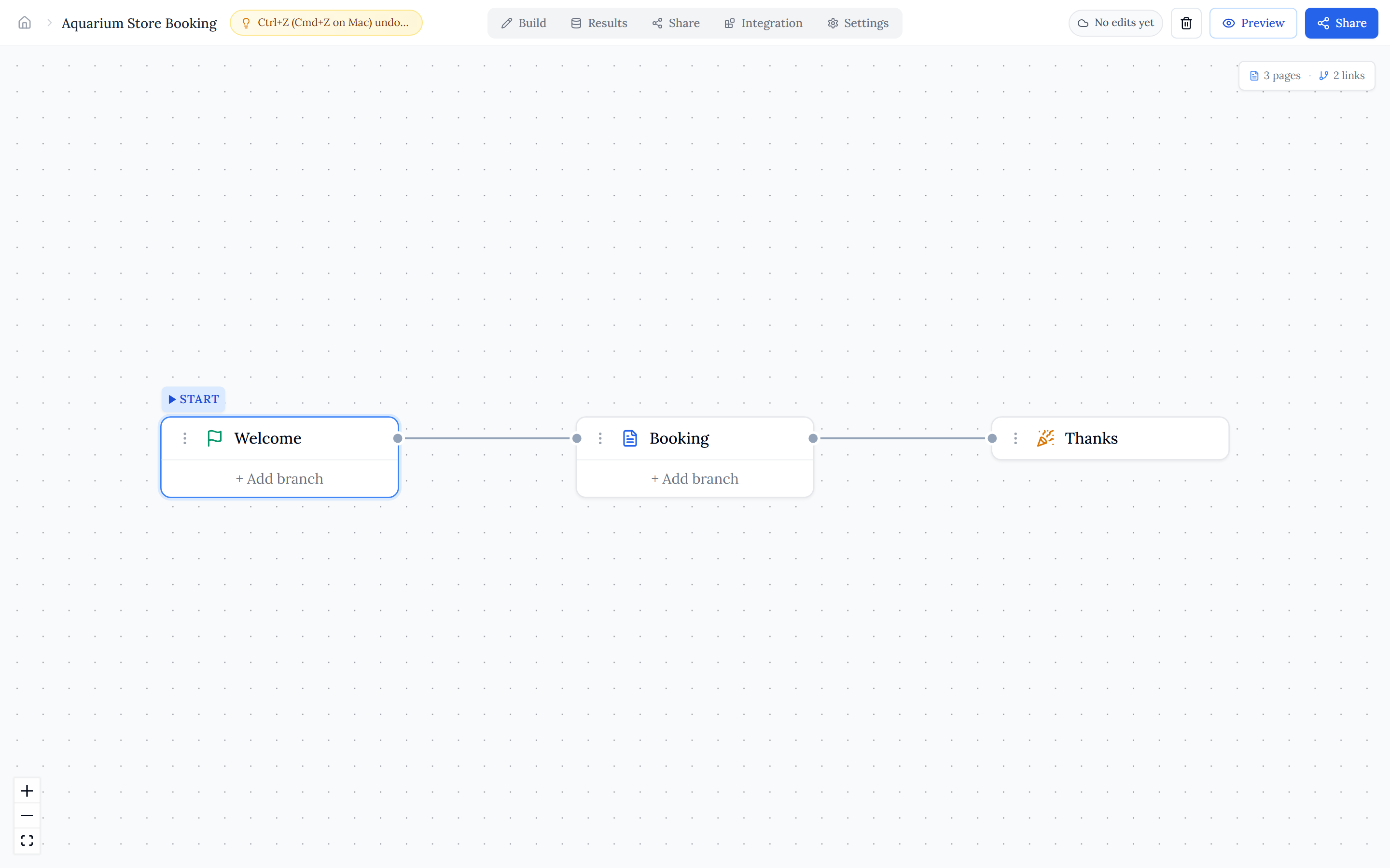 The Page Logic graph — pages shown as connected nodes, each with an Add branch handle for conditional page jumps.