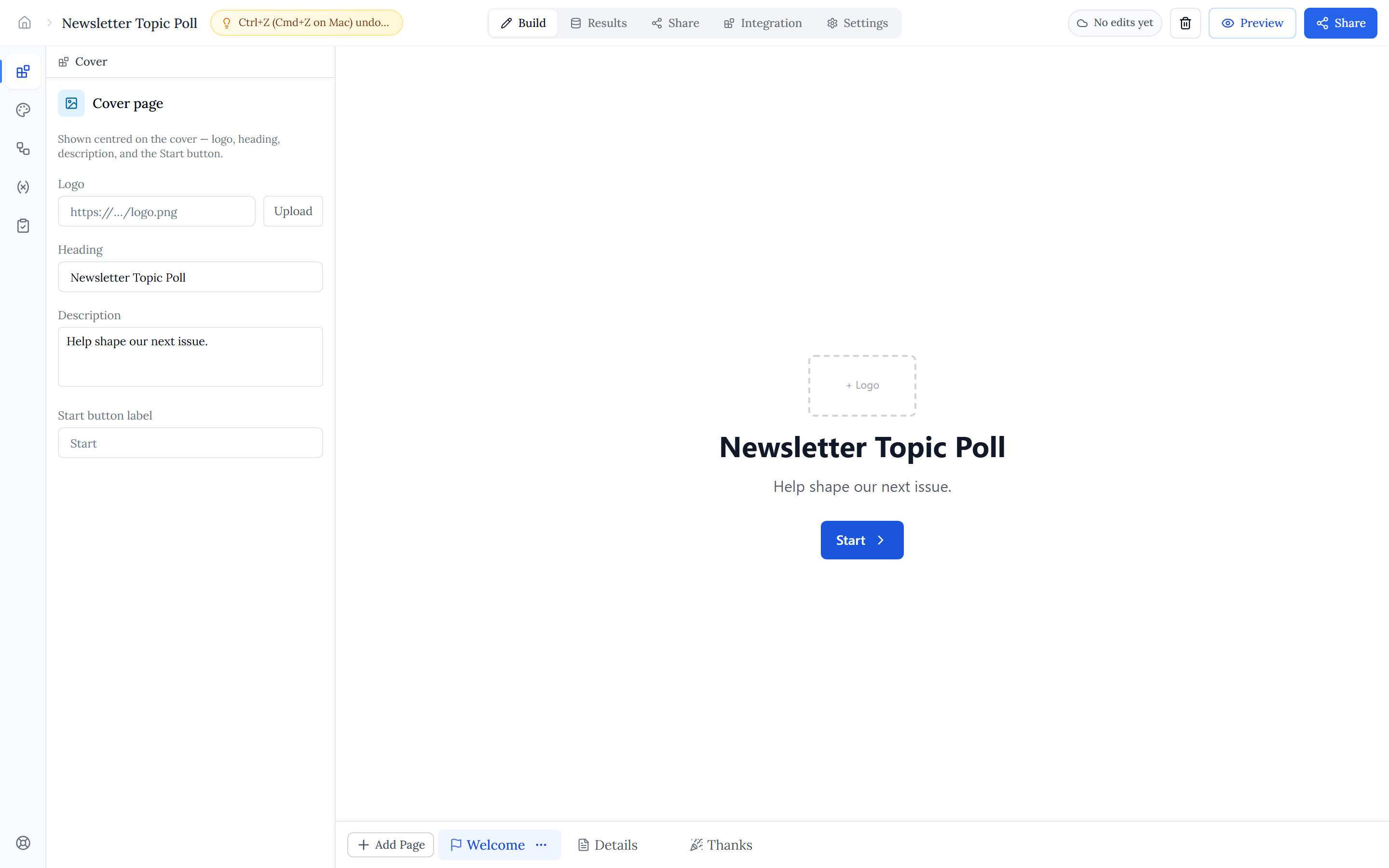 Halloform editor: block palette on the left, the form canvas in the middle, top toolbar with Build/Results/Share/Integration/Settings tabs and Publish on the right.