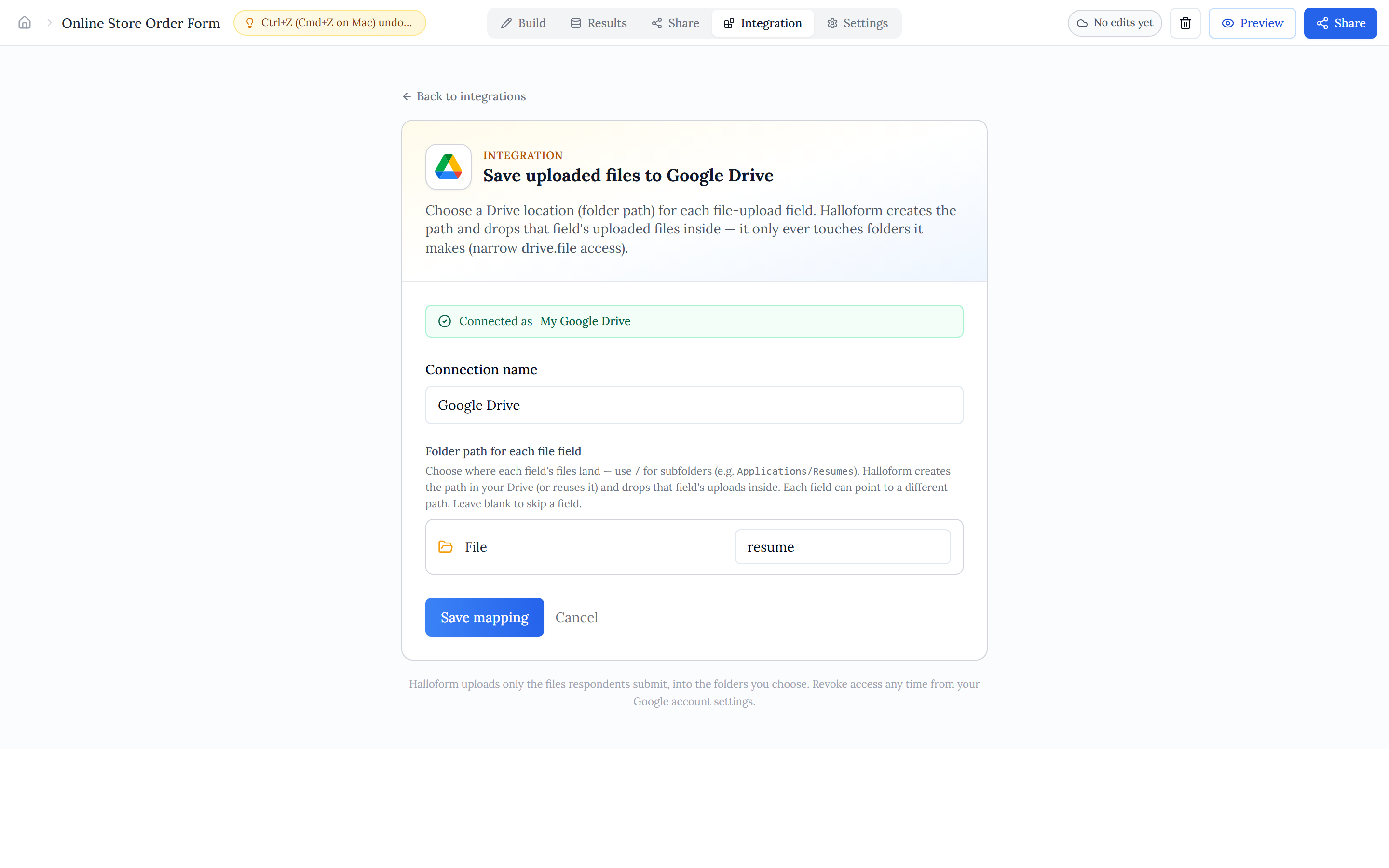 The Google Drive connect wizard: a connected Google account, a connection name, and each file-upload field with a Select folder button that opens the Google folder picker.