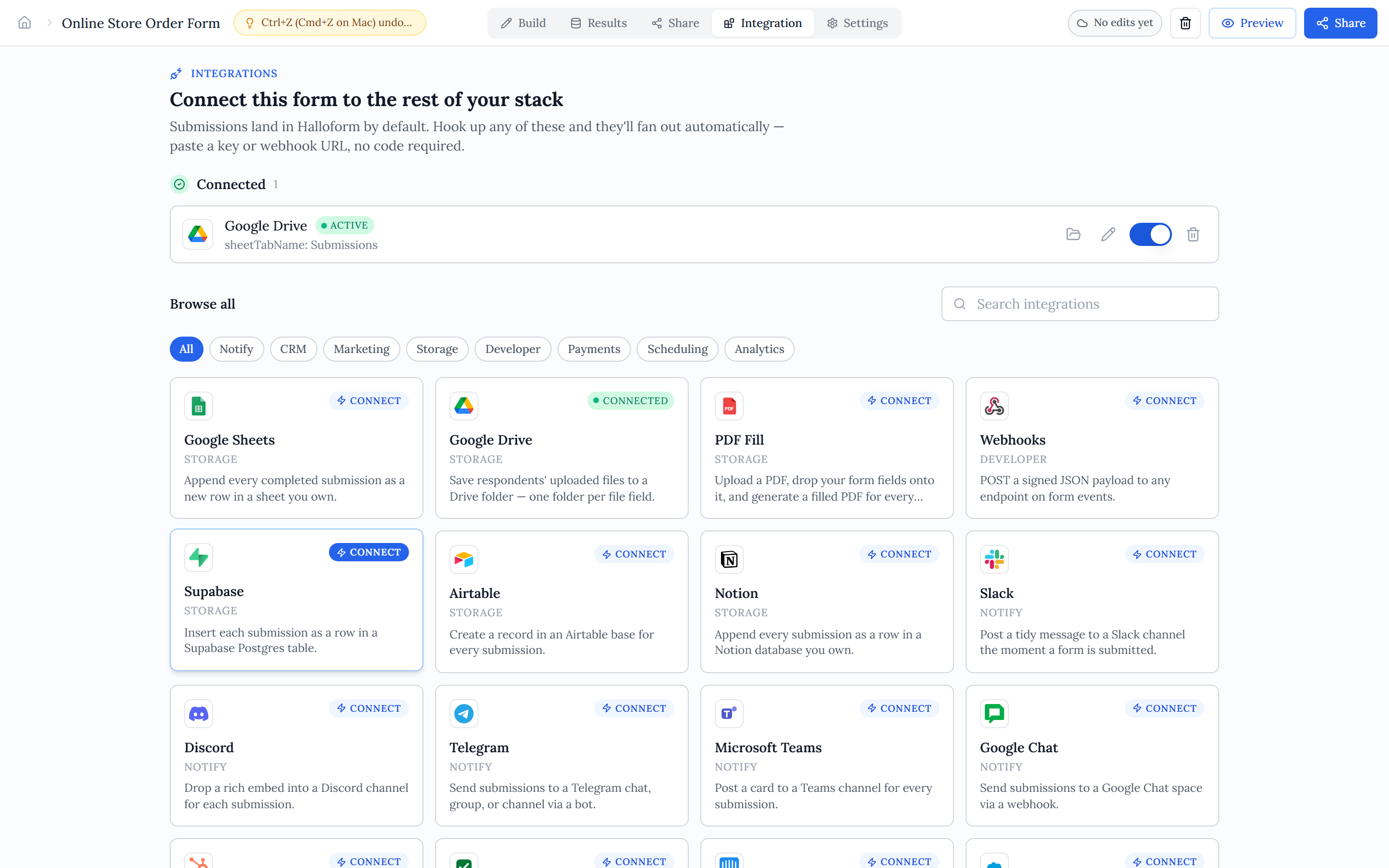The Halloform Integrations catalog — a grid of connectors including Slack, Google Drive, Notion, Discord, Telegram and more, each with a Connect button.