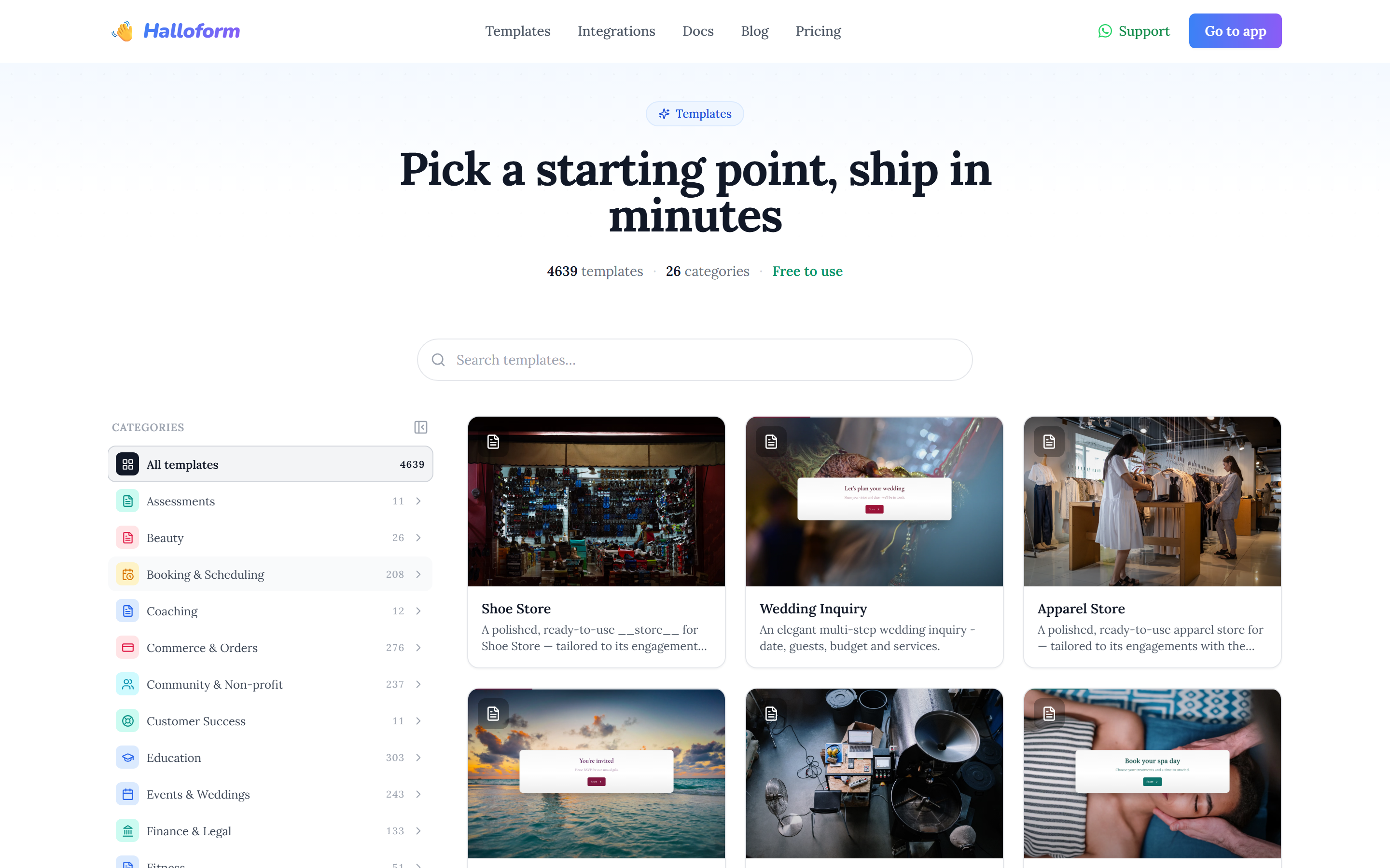The Halloform Templates gallery — a category sidebar beside a grid of template cards with cover images.